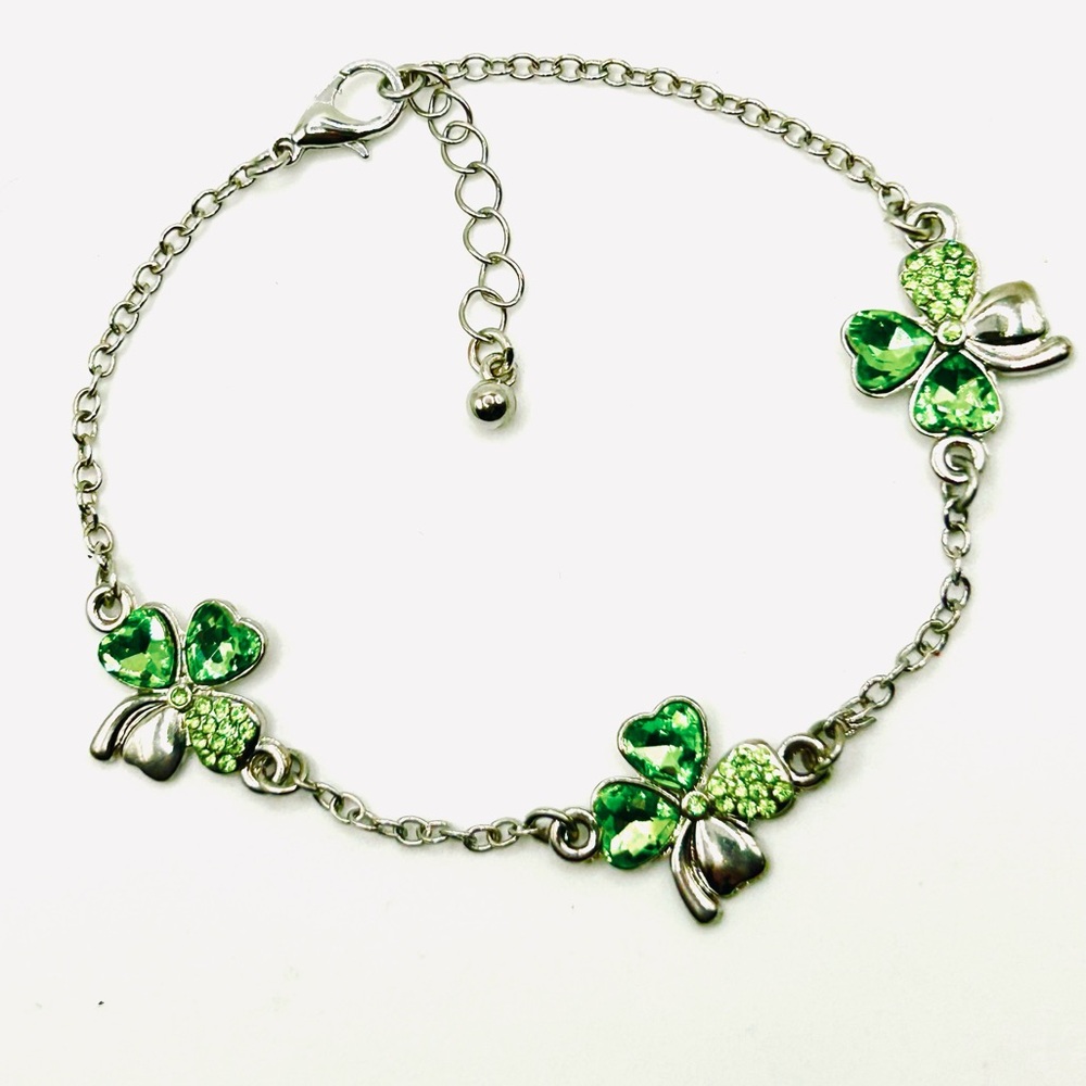 Lucky Irish 4 Four Leaf Clover Shamrock Rhinestone Silver Tone Charm Bracelet